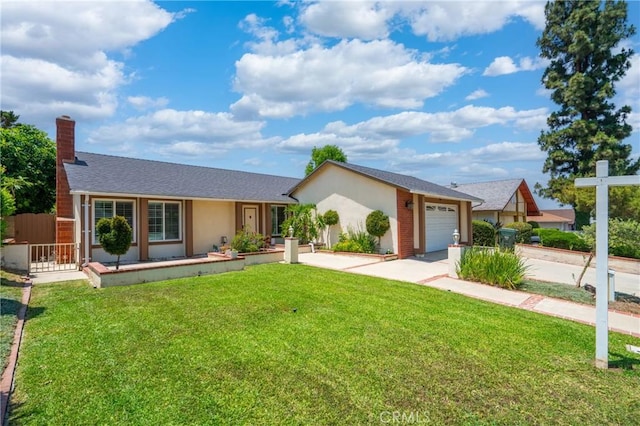 2215 Calmette Ave, Rowland Heights, CA 91748 - ranch-style house with concrete driveway, an attached garage, a chimney, and stucco siding