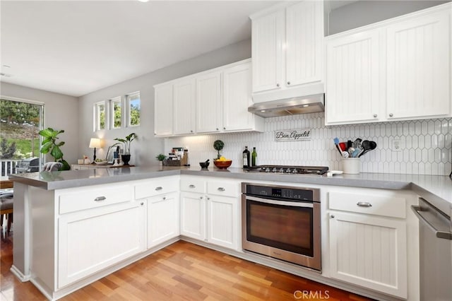 103 Corte Tierra Bella, San Clemente, CA 92673 - kitchen with appliances with stainless steel finishes, under cabinet range hood, a peninsula, and tasteful backsplash