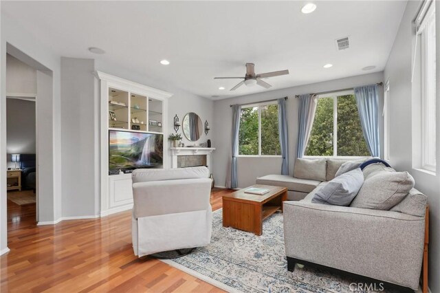 103 Corte Tierra Bella, San Clemente, CA 92673 - living room featuring a ceiling fan, light wood-style flooring, recessed lighting, and baseboards