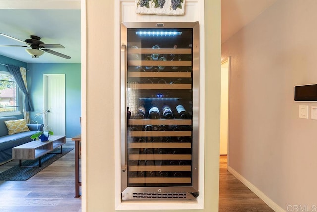 1302 El Corral Ln, San Marcos, CA 92078 - detailed view of wine cooler, wood finished floors, and ceiling fan