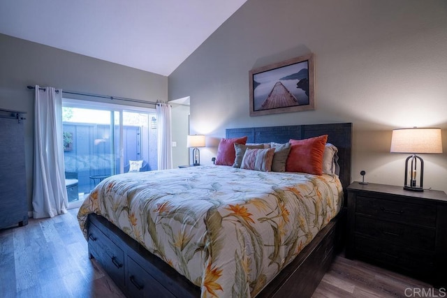 1302 El Corral Ln, San Marcos, CA 92078 - bedroom featuring access to outside, wood finished floors, and high vaulted ceiling