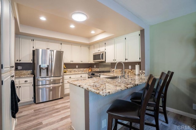 1302 El Corral Ln, San Marcos, CA 92078 - kitchen with appliances with stainless steel finishes, a tray ceiling, light wood finished floors, light stone counters, and recessed lighting