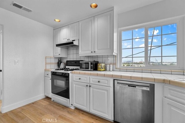 320 W 19th St Unit 1, San Pedro, CA 90731 - kitchen with appliances with stainless steel finishes, under cabinet range hood, decorative backsplash, light wood-style floors, and white cabinets