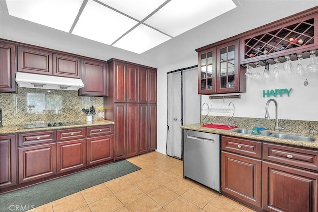 20043 Emerald Meadow Dr, Walnut, CA 91789 - kitchen with dishwasher, a sink, under cabinet range hood, backsplash, and light tile patterned flooring