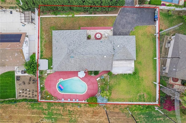 20043 Emerald Meadow Dr, Walnut, CA 91789 - aerial view of property and surrounding area with property parcel outlined and a pool