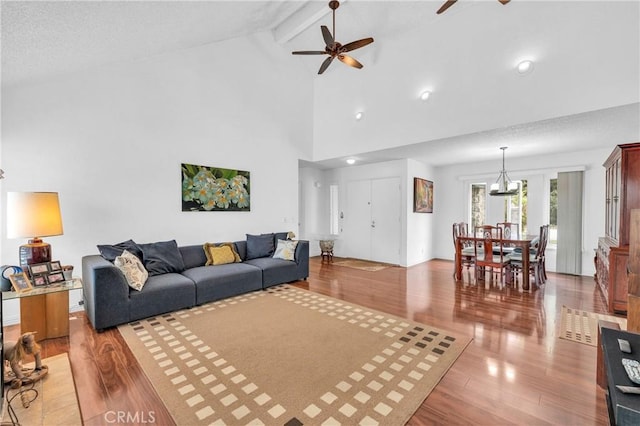 20043 Emerald Meadow Dr, Walnut, CA 91789 - living area featuring high vaulted ceiling, ceiling fan, wood finished floors, and beamed ceiling