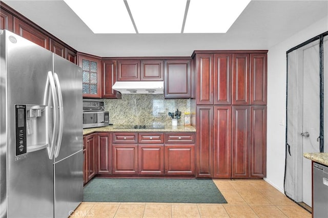 20043 Emerald Meadow Dr, Walnut, CA 91789 - kitchen with stainless steel appliances, reddish brown cabinets, under cabinet range hood, decorative backsplash, and light tile patterned floors
