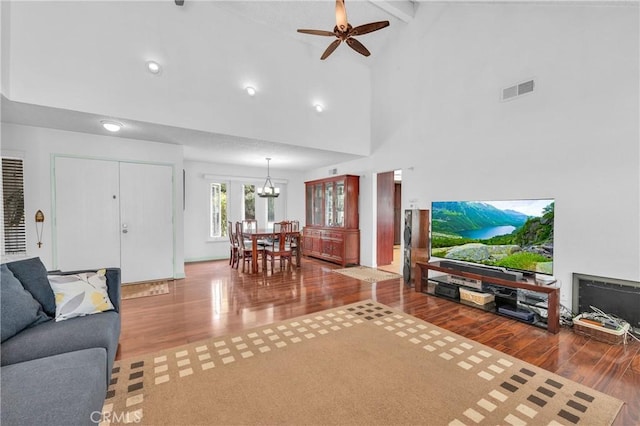 20043 Emerald Meadow Dr, Walnut, CA 91789 - living room with wood finished floors, a ceiling fan, a chandelier, and high vaulted ceiling