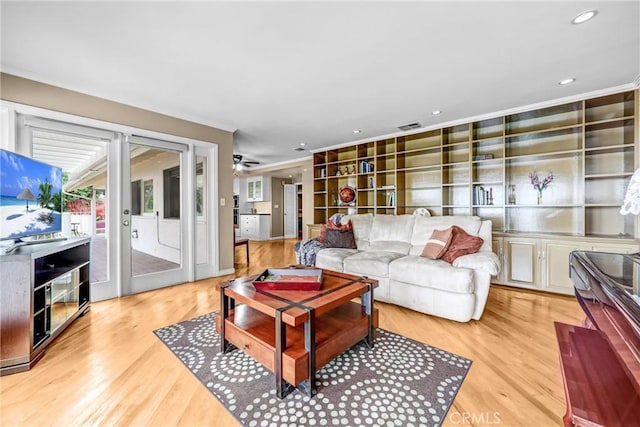 1512 Camino Lindo, South Pasadena, CA 91030 - living room featuring light wood-style floors, ornamental molding, a ceiling fan, plenty of natural light, and recessed lighting