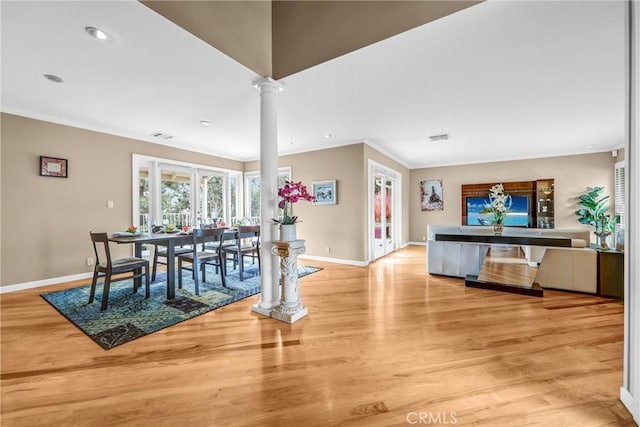 1512 Camino Lindo, South Pasadena, CA 91030 - dining room featuring decorative columns, baseboards, light wood-style flooring, crown molding, and recessed lighting