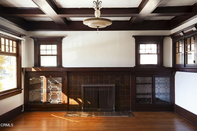 4214 Griffin Ave, Los Angeles, CA 90031 - unfurnished living room featuring coffered ceiling, wood finished floors, baseboards, beam ceiling, and a tile fireplace