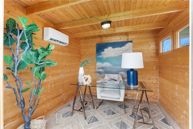 3145 Sicily Ave, Costa Mesa, CA 92626 - office area with an AC wall unit, wooden walls, and wood ceiling with exposed beams