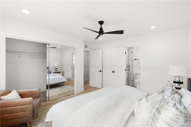 3145 Sicily Ave, Costa Mesa, CA 92626 - bedroom with recessed lighting, light wood-style flooring, a closet, a ceiling fan, and connected bathroom