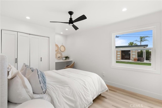 3145 Sicily Ave, Costa Mesa, CA 92626 - bedroom featuring baseboards, light wood finished floors, recessed lighting, a closet, and ceiling fan
