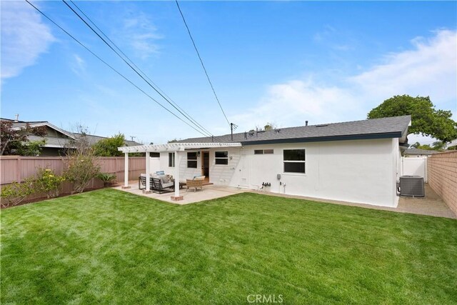 3145 Sicily Ave, Costa Mesa, CA 92626 - rear view of property with central AC unit, stucco siding, a patio area, and outdoor lounge area