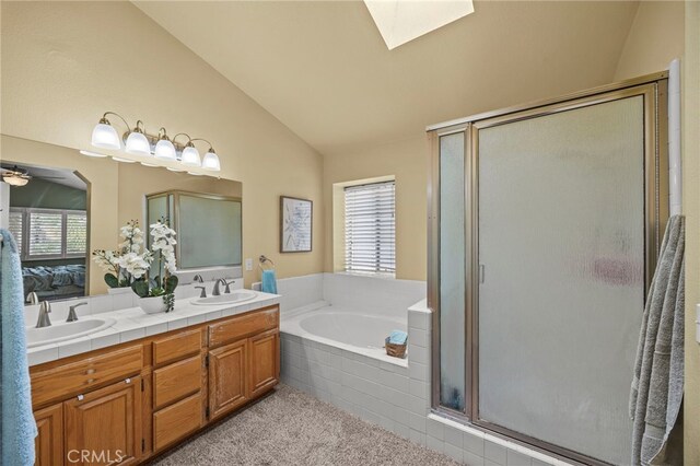 14252 Parkside Ct, Chino Hills, CA 91709 - bathroom featuring lofted ceiling, a stall shower, a bath, ensuite bathroom, and double vanity