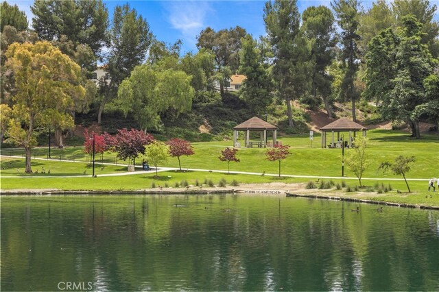 14252 Parkside Ct, Chino Hills, CA 91709 - water view with a gazebo and a tree filled landscape