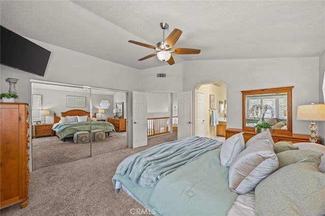 14252 Parkside Ct, Chino Hills, CA 91709 - bedroom featuring carpet floors, vaulted ceiling, arched walkways, ceiling fan, and a closet