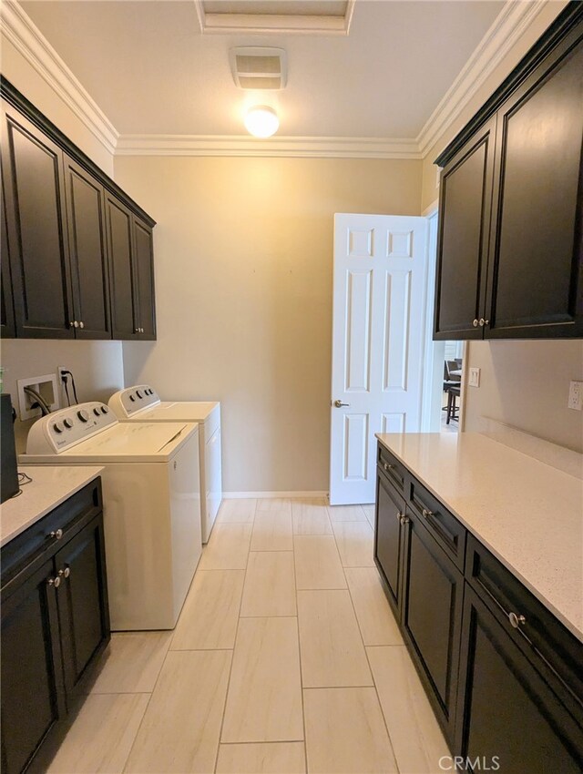 1582 Timberline, Beaumont, CA 92223 - washroom with cabinet space, washing machine and dryer, and crown molding
