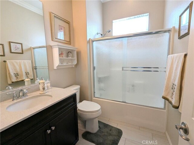 1582 Timberline, Beaumont, CA 92223 - bathroom featuring vanity, enclosed tub / shower combo, tile patterned floors, and ornamental molding