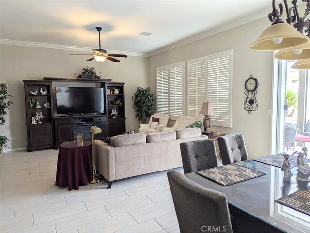 1582 Timberline, Beaumont, CA 92223 - living area featuring ceiling fan and ornamental molding