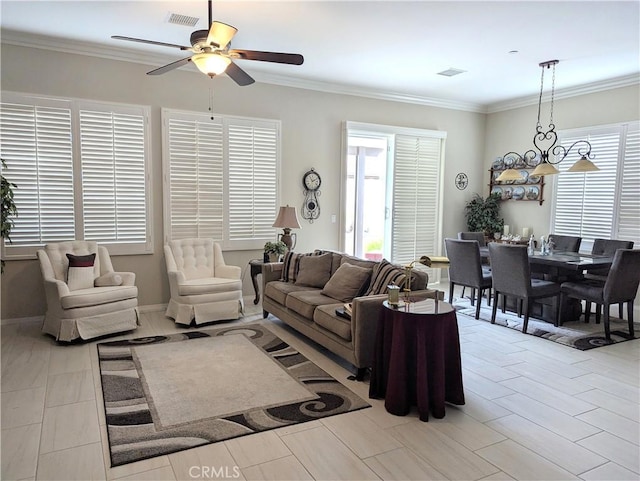 1582 Timberline, Beaumont, CA 92223 - living room featuring ceiling fan and ornamental molding