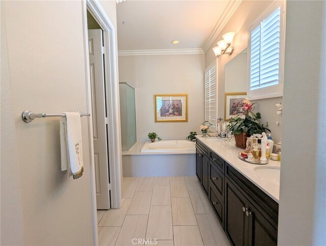 1582 Timberline, Beaumont, CA 92223 - full bath with a bath, double vanity, crown molding, an enclosed shower, and tile patterned flooring
