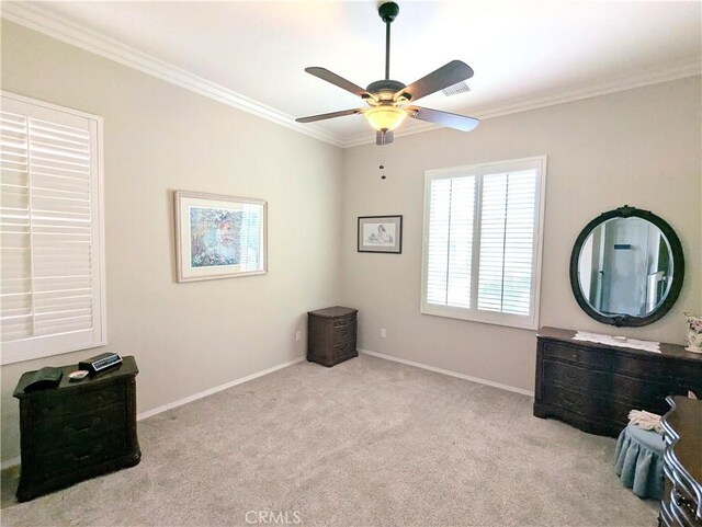1582 Timberline, Beaumont, CA 92223 - misc room with crown molding, ceiling fan, and carpet floors