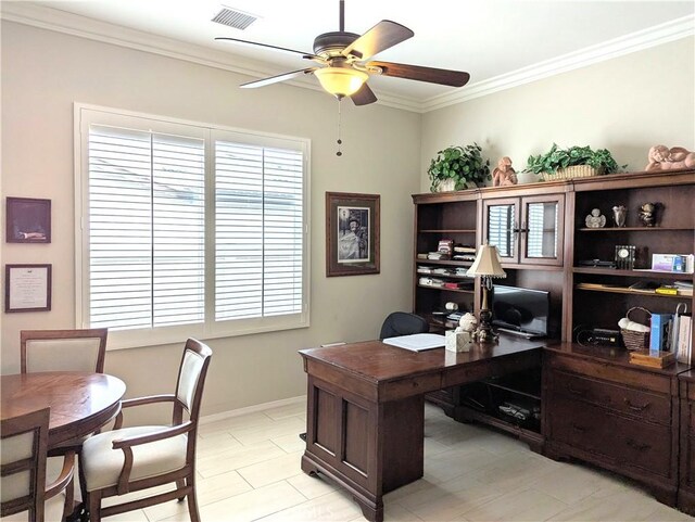 1582 Timberline, Beaumont, CA 92223 - office with ceiling fan and ornamental molding