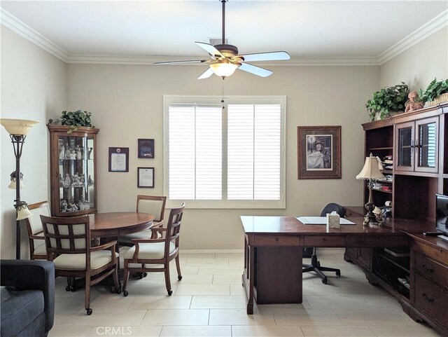 1582 Timberline, Beaumont, CA 92223 - home office with a ceiling fan and crown molding