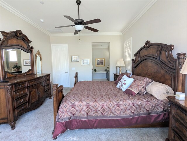 1582 Timberline, Beaumont, CA 92223 - bedroom featuring light colored carpet, crown molding, and ceiling fan