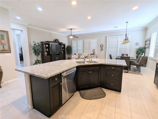 1582 Timberline, Beaumont, CA 92223 - kitchen featuring dishwasher, crown molding, a kitchen island with sink, ceiling fan, and pendant lighting