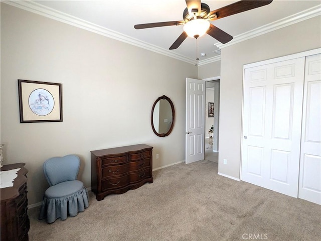1582 Timberline, Beaumont, CA 92223 - bedroom featuring carpet floors, ornamental molding, a closet, and ceiling fan