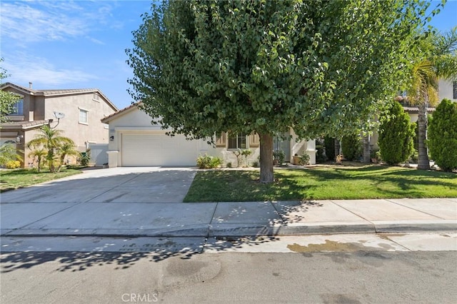 1172 Cedar Hollow Rd, Beaumont, CA 92223 - obstructed view of property featuring stucco siding, an attached garage, driveway, and a front yard