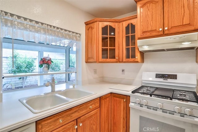 10249 Candlewood St, Rancho Cucamonga, CA 91730 - kitchen featuring gas range gas stove, under cabinet range hood, a sink, and healthy amount of natural light