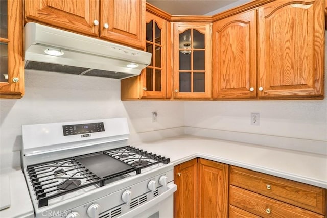 10249 Candlewood St, Rancho Cucamonga, CA 91730 - kitchen with gas range gas stove, under cabinet range hood, light countertops, glass insert cabinets, and brown cabinets