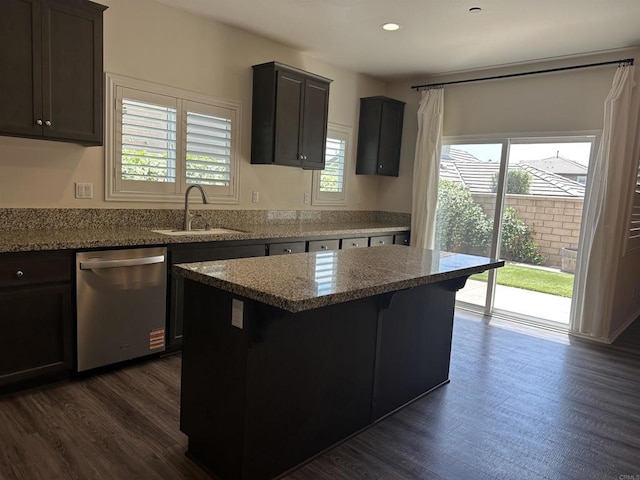 253 Oberland Way, Fallbrook, CA 92028 - kitchen featuring dishwasher, a sink, dark wood-type flooring, light stone counters, and recessed lighting