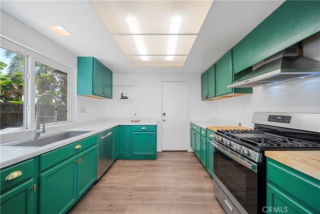 6597 Kinlock Ave, Rancho Cucamonga, CA 91737 - kitchen featuring appliances with stainless steel finishes, a sink, wall chimney exhaust hood, light wood finished floors, and open shelves