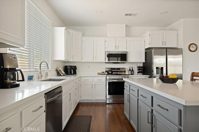 1467 Hunter Moon Way, Beaumont, CA 92223 - kitchen with appliances with stainless steel finishes, gray cabinetry, a sink, light countertops, and dark wood-style floors