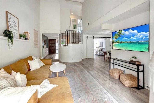 32457 Spyglass Ct, San Juan Capistrano, CA 92675 - living room with a high ceiling, wood finished floors, and a barn door