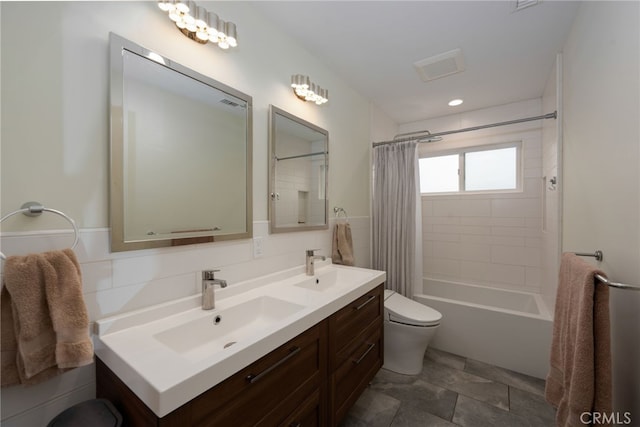 6017 Carnegie St, San Diego, CA 92122 - bathroom with toilet, double vanity, and shower / bath combination with curtain