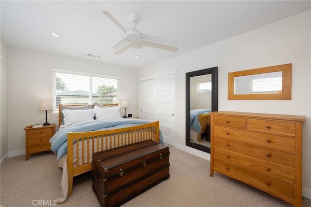6017 Carnegie St, San Diego, CA 92122 - bedroom with light colored carpet, a closet, recessed lighting, a ceiling fan, and baseboards