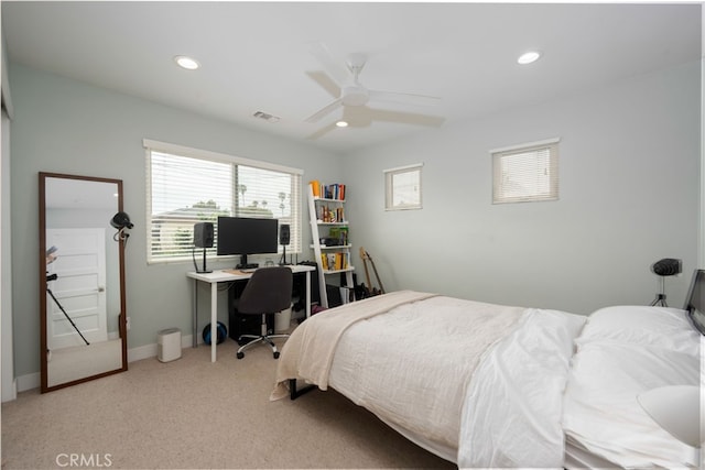 6017 Carnegie St, San Diego, CA 92122 - bedroom featuring carpet flooring, multiple windows, recessed lighting, a ceiling fan, and an office area