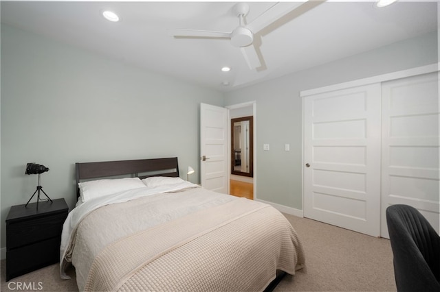 6017 Carnegie St, San Diego, CA 92122 - bedroom featuring recessed lighting, light carpet, a ceiling fan, a closet, and baseboards