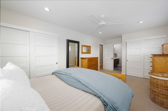 6017 Carnegie St, San Diego, CA 92122 - carpeted bedroom with recessed lighting, connected bathroom, and ceiling fan