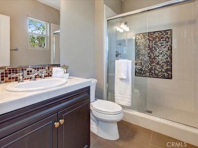 29310 Paseo Palmar, San Juan Capistrano, CA 92675 - bathroom featuring a shower stall, vanity, tile patterned flooring, and decorative backsplash
