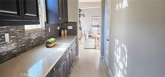 29310 Paseo Palmar, San Juan Capistrano, CA 92675 - kitchen featuring backsplash, light wood-type flooring, dark cabinetry, and light countertops