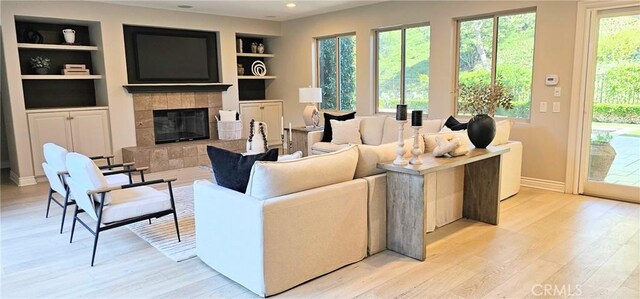 29310 Paseo Palmar, San Juan Capistrano, CA 92675 - living area with built in shelves, light wood-style flooring, a fireplace, baseboards, and recessed lighting