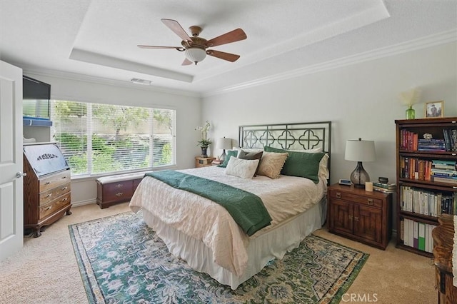 19728 Ellis Henry Ct, Newhall, CA 91321 - bedroom with a raised ceiling, light carpet, crown molding, and a ceiling fan