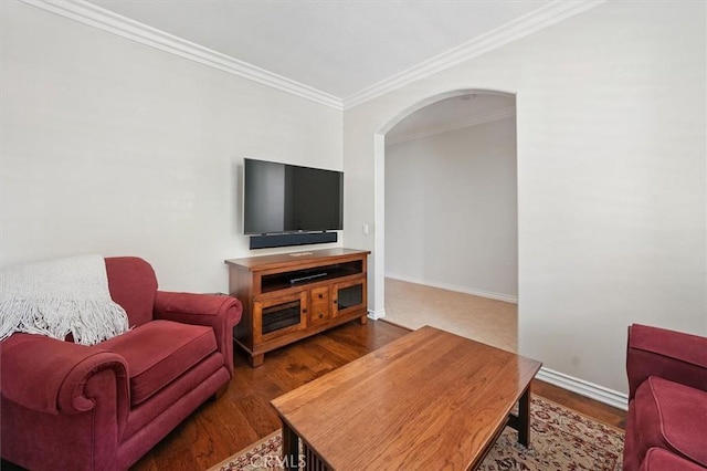 19728 Ellis Henry Ct, Newhall, CA 91321 - living area featuring crown molding, arched walkways, baseboards, and wood finished floors